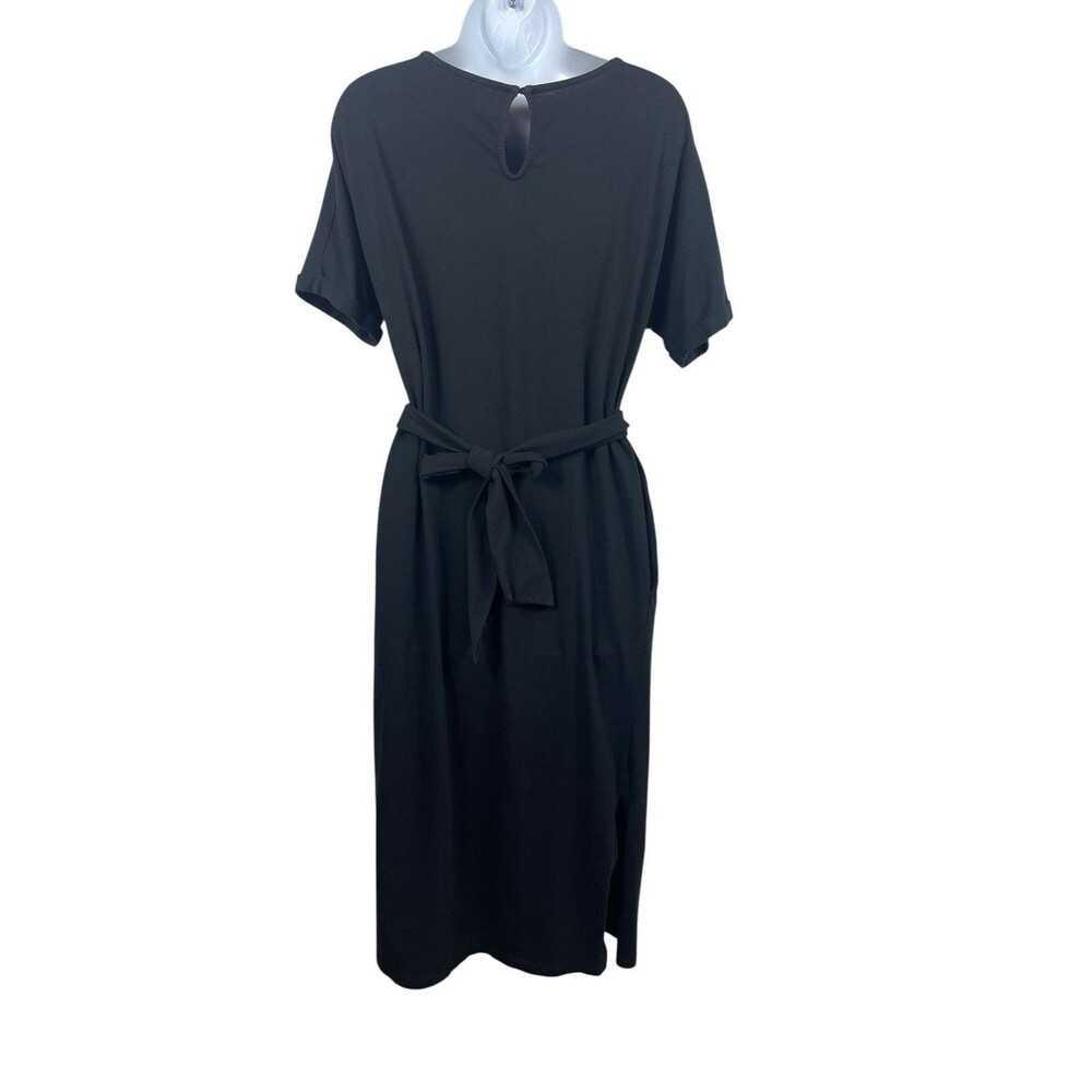 Women’s Black Dress Midi Short Sleeve Tie Waist Side Slit XS Minimalist - Picture 3 of 13